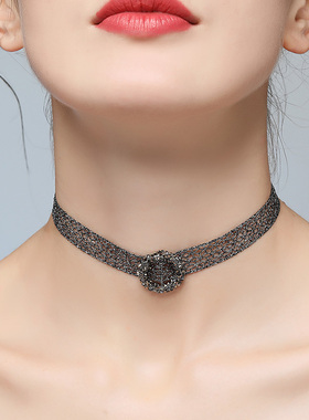颈链choker女生蕾丝带水晶银饰品