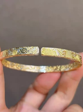 国风新中式描金向阳花足银999百搭手镯情人节礼物生日礼物送女友