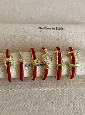 新年本命年红绳锆石字母戒指女复古个性时尚潮流百搭指环戒子