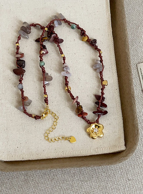 彩色天然石编绳花朵吊坠项链女复古轻奢时尚潮流百搭颈链毛衣链