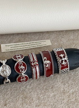 法式复古红色滴油金属开口戒指女小众个性百搭气质时尚指环戒子