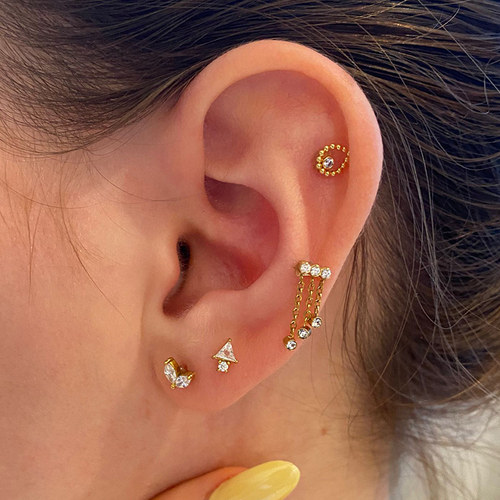 钛钢微镶闪钻锆石链条流苏耳骨钉平底穿刺内螺纹耳蜗耳廓钉小耳钉 - 图0