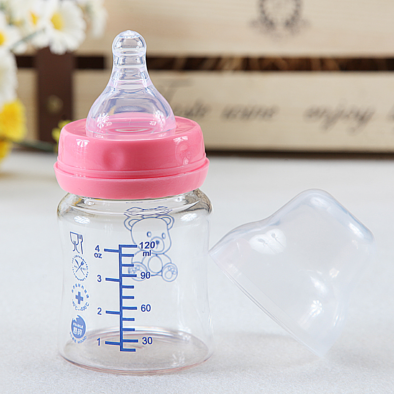防摔宽口径晶钻玻璃奶瓶120ml带吸管手柄防胀气 婴儿新生儿宝宝