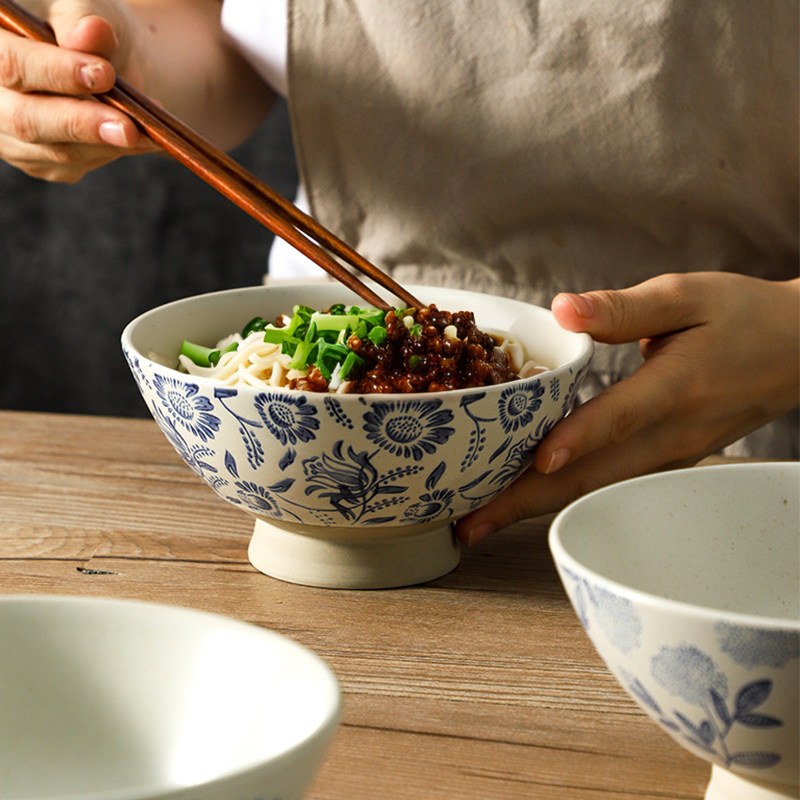 6寸青花瓷拌饭碗中式小面碗斗笠碗防烫高脚碗粗陶吃饭碗复古餐具