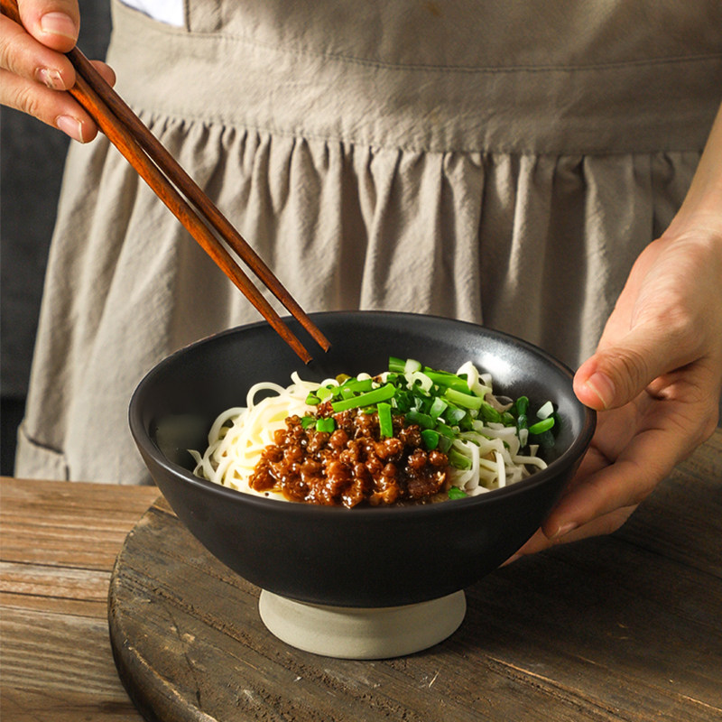 6寸青花瓷拌饭碗中式小面碗斗笠碗防烫高脚碗粗陶吃饭碗复古餐具