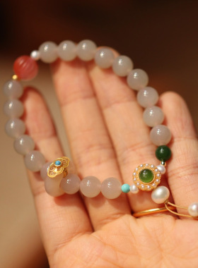 天然和田玉玛瑙手链绿松玉髓珍珠
