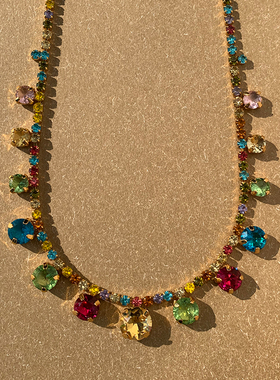 锆石铜镀金女多色宝石项链