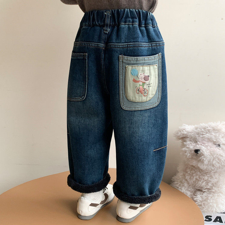 裤子女童加绒牛仔裤秋冬季2025新款儿童加厚冬装女宝宝卡通直筒裤,淘宝优惠券,粉丝福利购,淘宝优惠卷