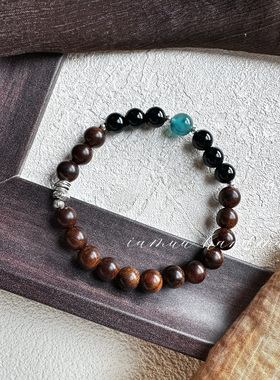 新中式金丝檀木黑曜石手串转运珠