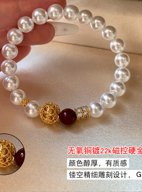 爆款朱砂红珍珠手链串珠女轻奢小众高级感手串时尚新中式手饰
