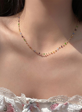 彩色水晶串珠项链小清新简约ins风轻奢小众森系choker锁骨链颈链