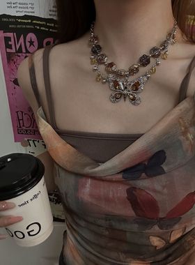 重工复古蝴蝶花朵项链女甜酷朋克小众高级感锁骨链辣妹个性颈