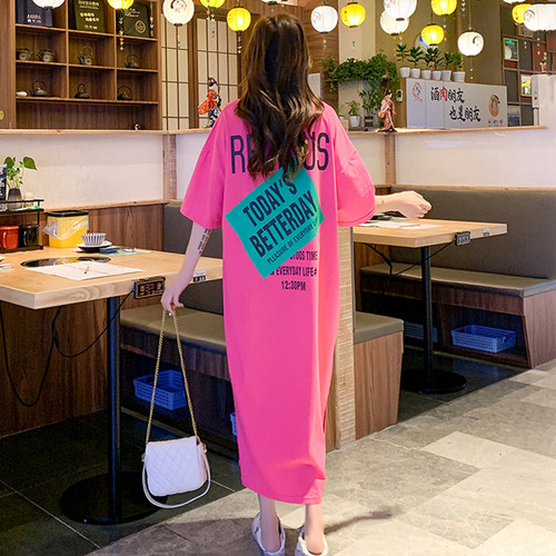 特大码女装遮肚子显瘦连衣裙胖mm夏装宽松纯棉过膝长款t恤裙200斤 - 图0