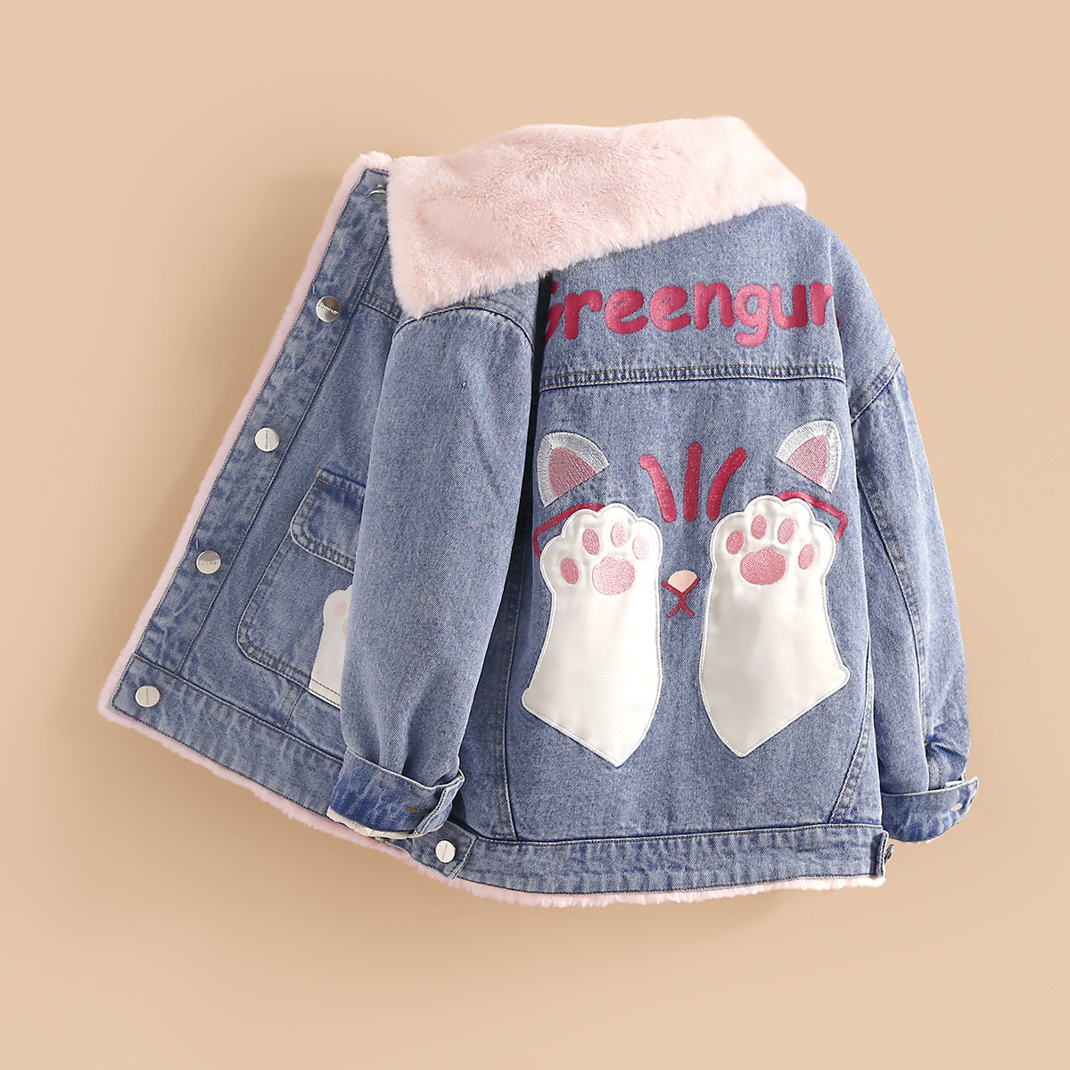 小虎帕蒂猫咪小爪加绒牛仔外套儿童加厚纯棉新款女童卡通保暖外套,淘宝优惠券,粉丝福利购,淘宝优惠卷