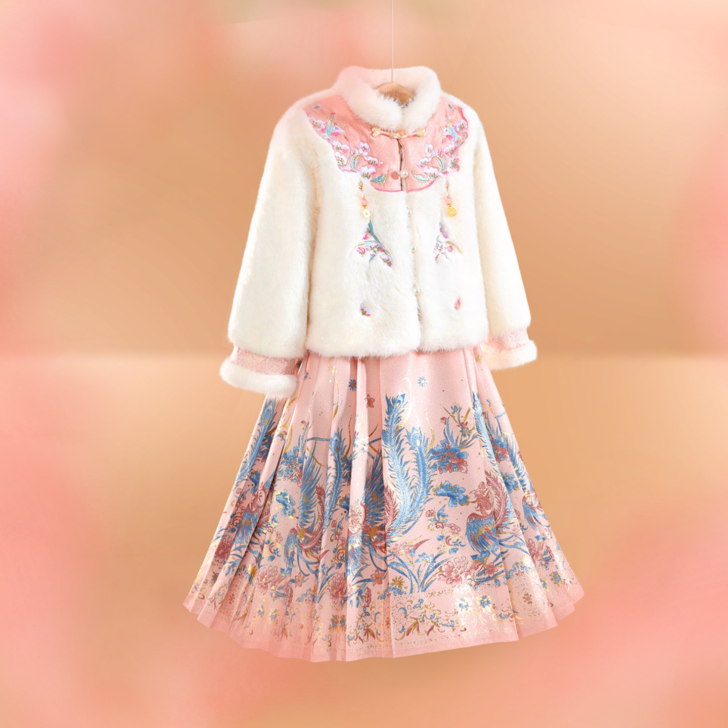 小虎帕蒂女童冬装新款中式花卉刺绣毛绒外套凤凰马面裙汉服套装,淘宝优惠券,粉丝福利购,淘宝优惠卷