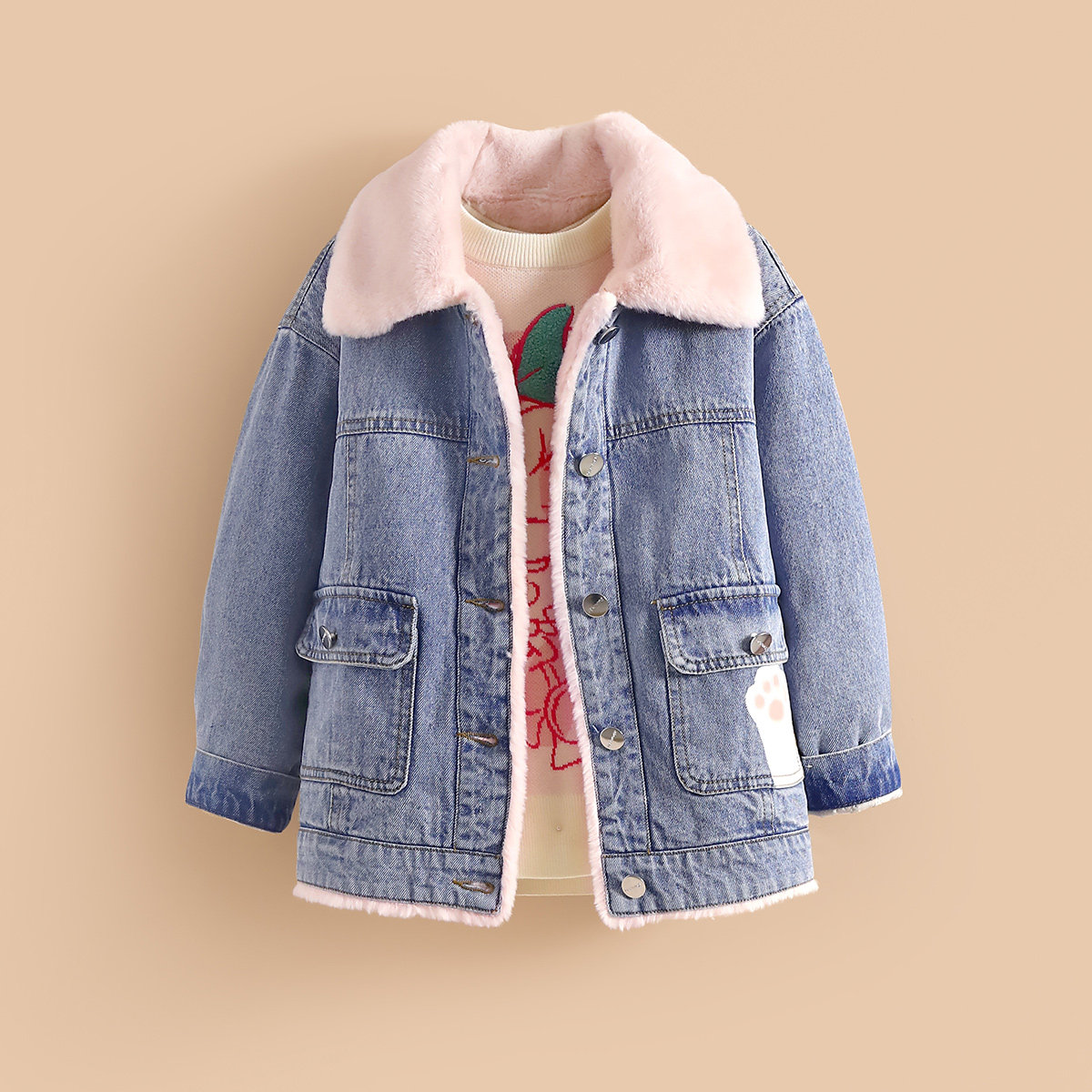 小虎帕蒂猫咪小爪加绒牛仔外套儿童加厚纯棉新款女童卡通保暖外套,淘宝优惠券,粉丝福利购,淘宝优惠卷