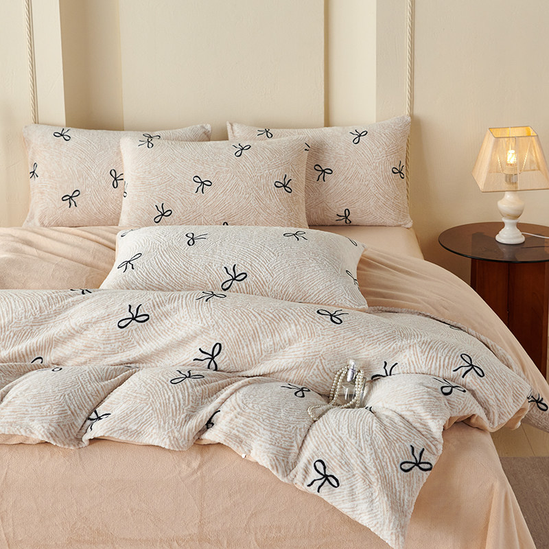 冬季雕花ins蝴蝶结牛奶绒四件套珊瑚绒被套床单床笠款宿舍三件套,淘宝优惠券,粉丝福利购,淘宝优惠卷