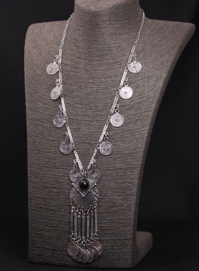 欧美复古钱币流苏夸张毛衣链