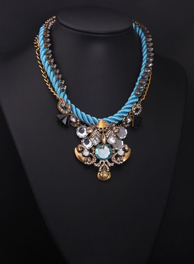 欧美水晶宝石蓝色多层时尚短锁骨