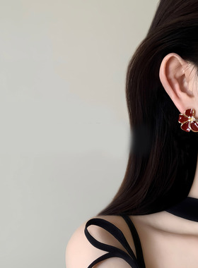 红色珐琅花朵耳钉纯银针独特2025新款耳环女高级感轻奢小众耳饰品