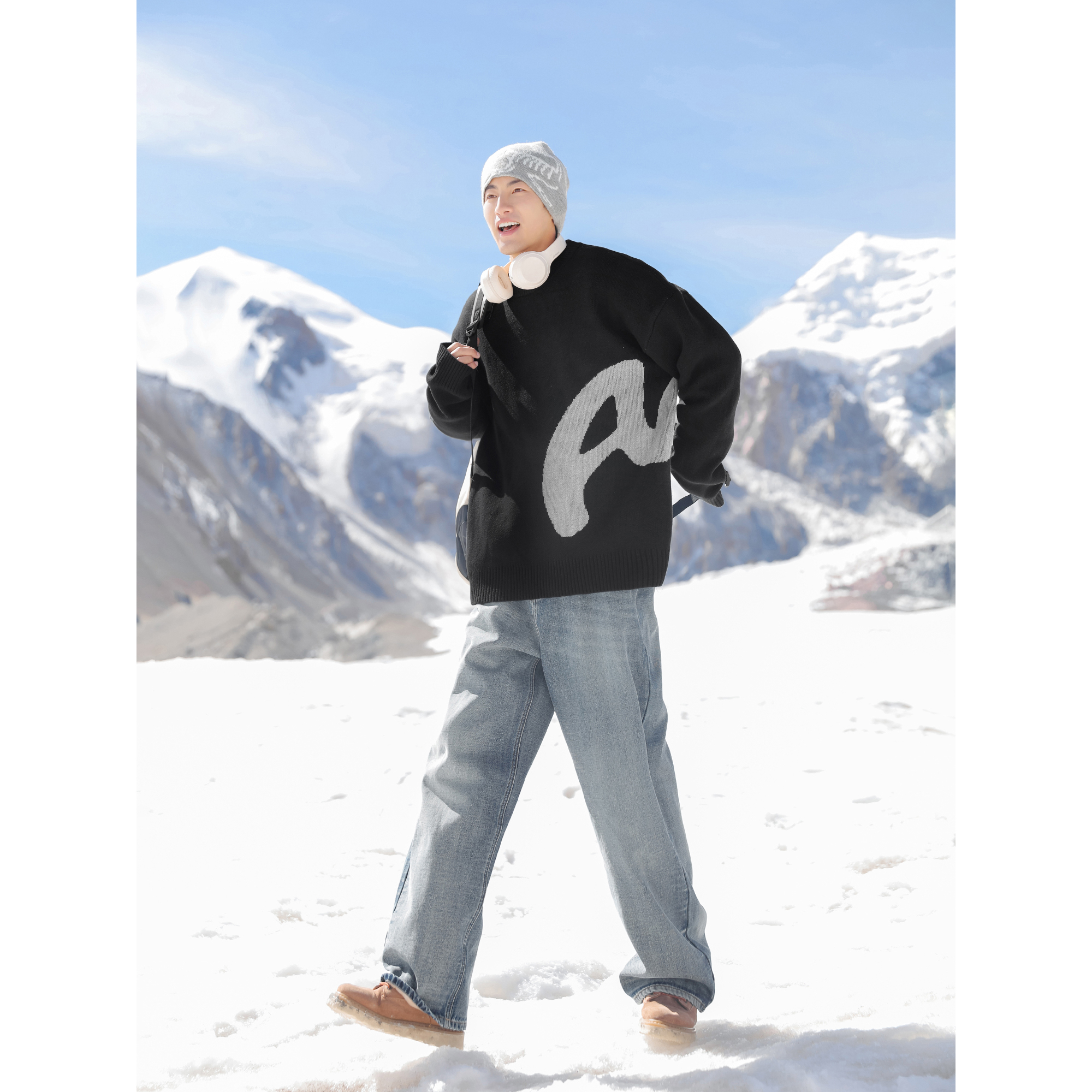 吕小虎日系潮牌提花设计圆领毛衣男秋冬季慵懒情侣套头针织衫上衣