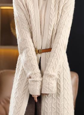 气质秋冬新款羊绒针织开衫女中长款宽松加厚麻花长袖羊毛外套显瘦