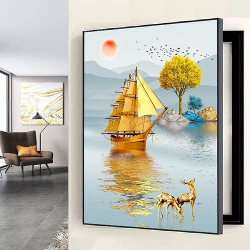 新中式山水免打孔电表箱装饰画竖款遮挡配电箱电闸源空开竖版挂画 - 图2