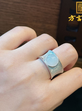嗨翻天方言和田玉精品特色饱满青海料白玉喷砂工艺银镶玉戒指O1