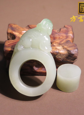青海老坑料白玉带翠青色貔貅扳指