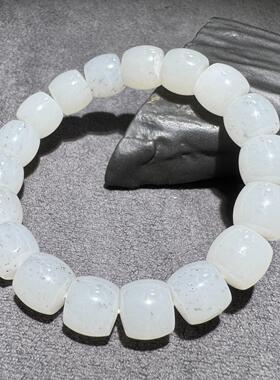 美滋滋方言新疆和田玉老熟羊脂白玉底点墨青花籽料12mm直切手串S6