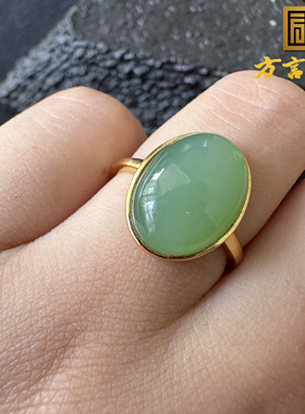 美滋滋方言和田玉精美俄料老坑碧玉粉青925银镶玉设计款戒指指环O
