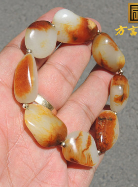 方言和田玉龙河产聚红皮羊脂玉豪华籽料原石手串男式精品手链子F