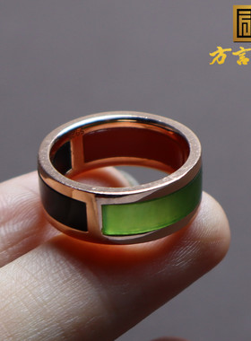 南红墨玉碧玉多宝16mm银镶玉戒圈