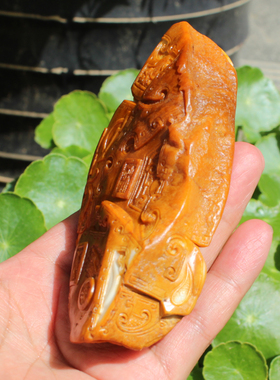 黄沁黄玉籽料锦灰堆把件摆件