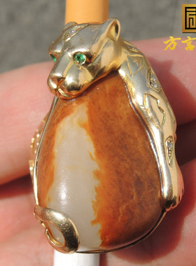 方言橘红皮一线天无结构羊脂白玉独颗籽料18K金镶玉豹子豪华戒指F