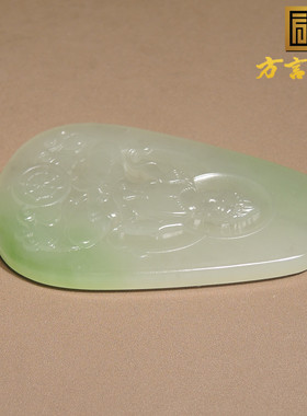方言和田玉珍藏级青海老坑料高油糯白玉带翠青普度众生观音吊坠h2