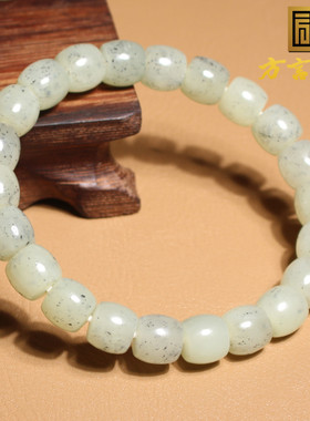 罕见方言特色和田玉新疆白玉底点墨青花籽料9mm直切珠手串手链A2