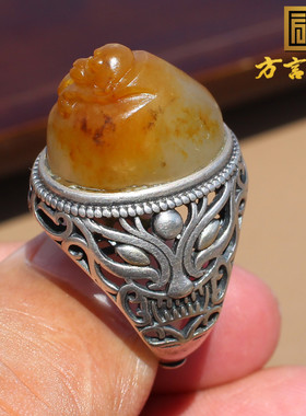 黄沁白玉籽料灵猴献寿戒指扳指