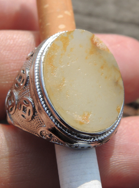 籽料特色银镶玉金包银男式戒指