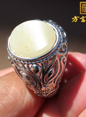 金皮无结构白玉银镶钳戒指扳指