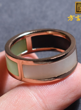 特色方言和田玉新疆白玉墨玉俄罗斯碧玉多宝19mm银镶玉戒圈戒指R5