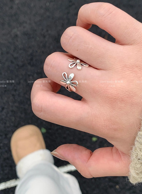 通体s925纯银开口可调节镂空花朵戒指指环