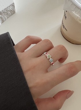 s925纯银泫雅彩色小花戒指ins博主同款指环开口可调节