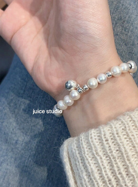 s925银天然淡水珍珠实心银球弹力绳手串手工编织百搭小众