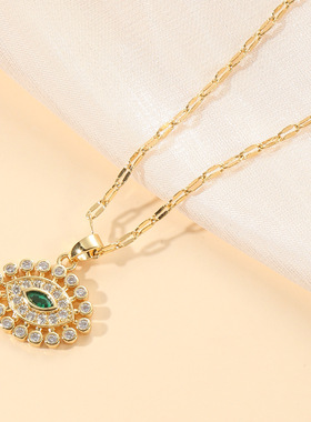 欧美镶钻恶魔之眼铜吊坠颈链锁骨