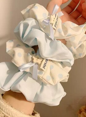韩系蓝色波点大肠发圈女高级感