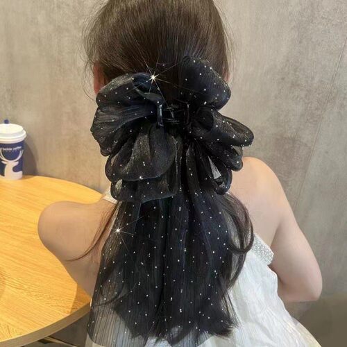 飘带网纱蝴蝶结抓夹女超仙气质后脑勺半扎发头饰发夹新款鲨鱼夹潮 - 图1