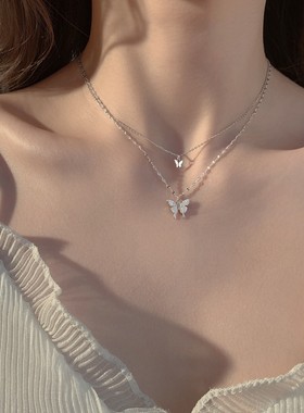 韩版闪钻蝴蝶双层项链女小众