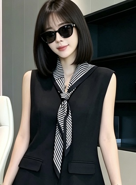 条纹丝巾女款2026新款长条系脖黑白色高级感搭配衬衫三角巾围巾