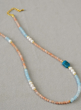 天然彩色串珠碧玉石淡水珍珠项链女叠戴莫瑞风轻奢小众锁骨颈链